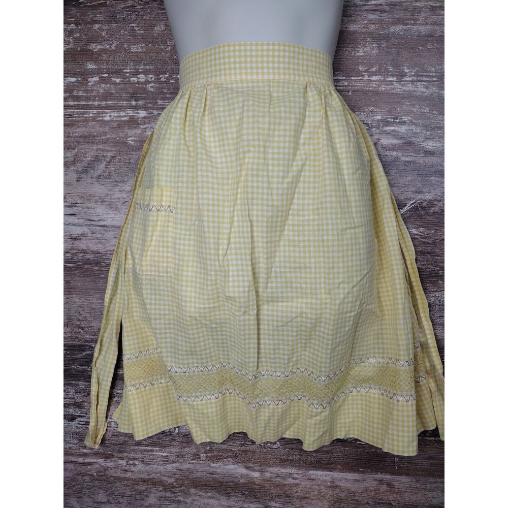 Vintage Half Apron Yellow White Gingham Rick Rack Trim 1950 Handmade Pocket MCM